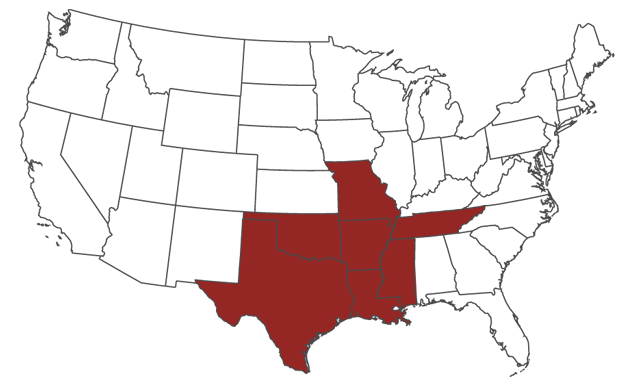 map of serviced areas includes: Arkansas, Tennessee, Mississippi, Texas, Missouri Louisiana, Oklahoma